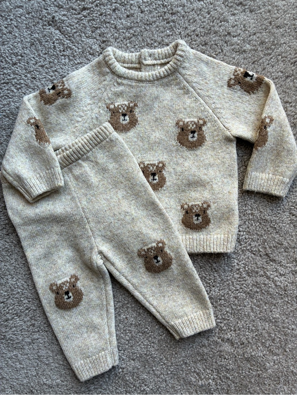 Fred & Flo Cozy Beige Bear Knit Sweater & Pants Set